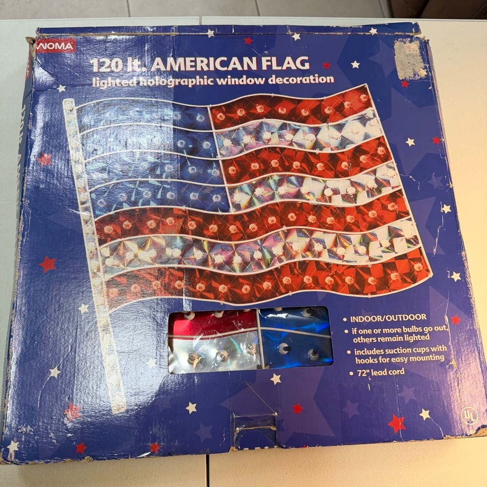Noma 18" 120 Lt Lighted Holographic 4th of July American Flag Window Decor Works